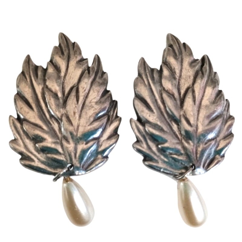 Vintage Seagull Pewter Leaf Earrings 1988 Signed Pearl Drop Dangle