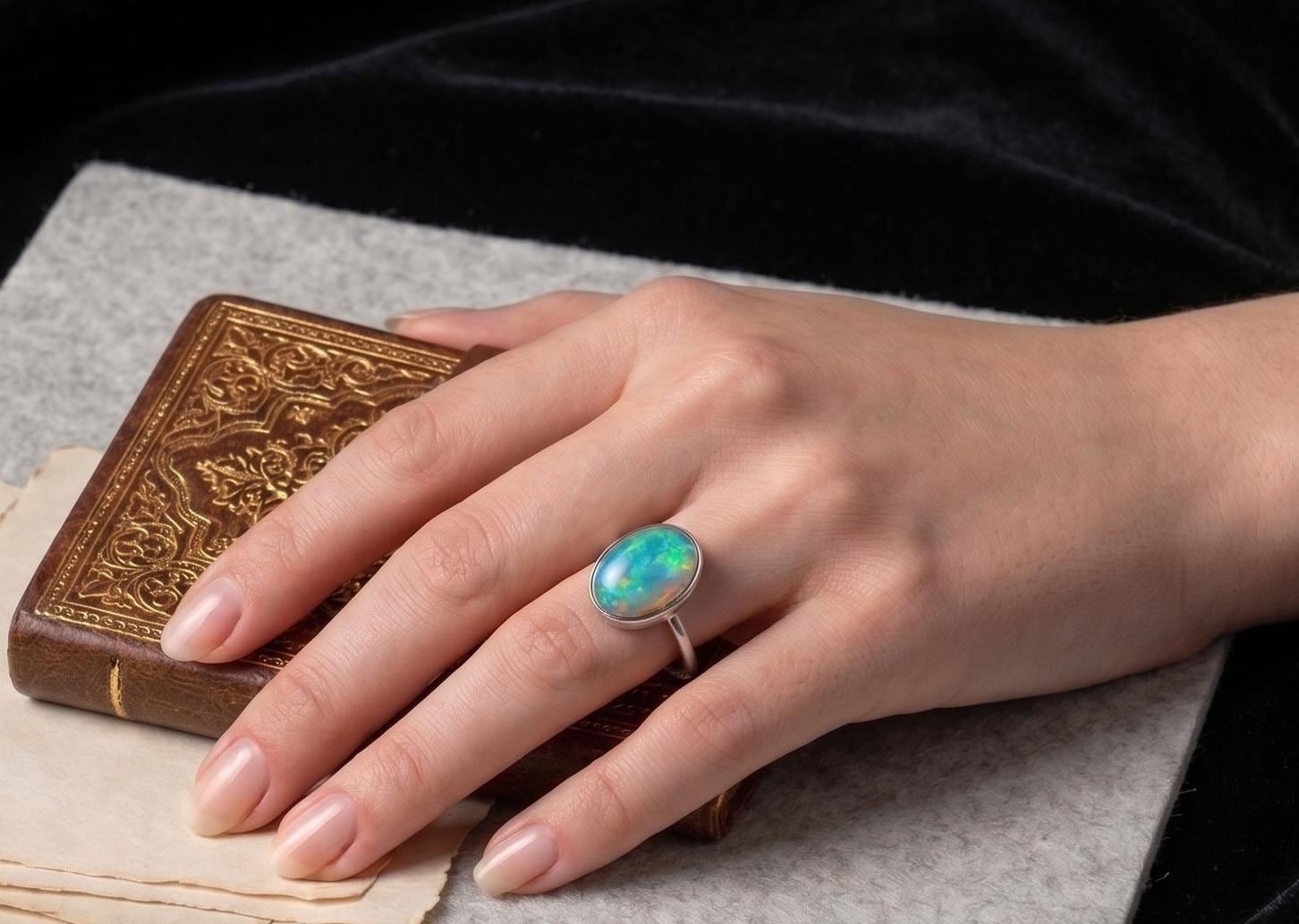 Natural Oval Cut Opal Gemstone Ring Handmade Design Silver Statement Rings