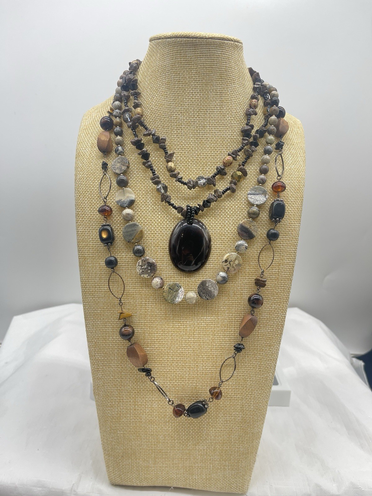 Boho Earth Tone Beaded Necklace Lot Of 3 Jasper Wood Pendant Layered You & I