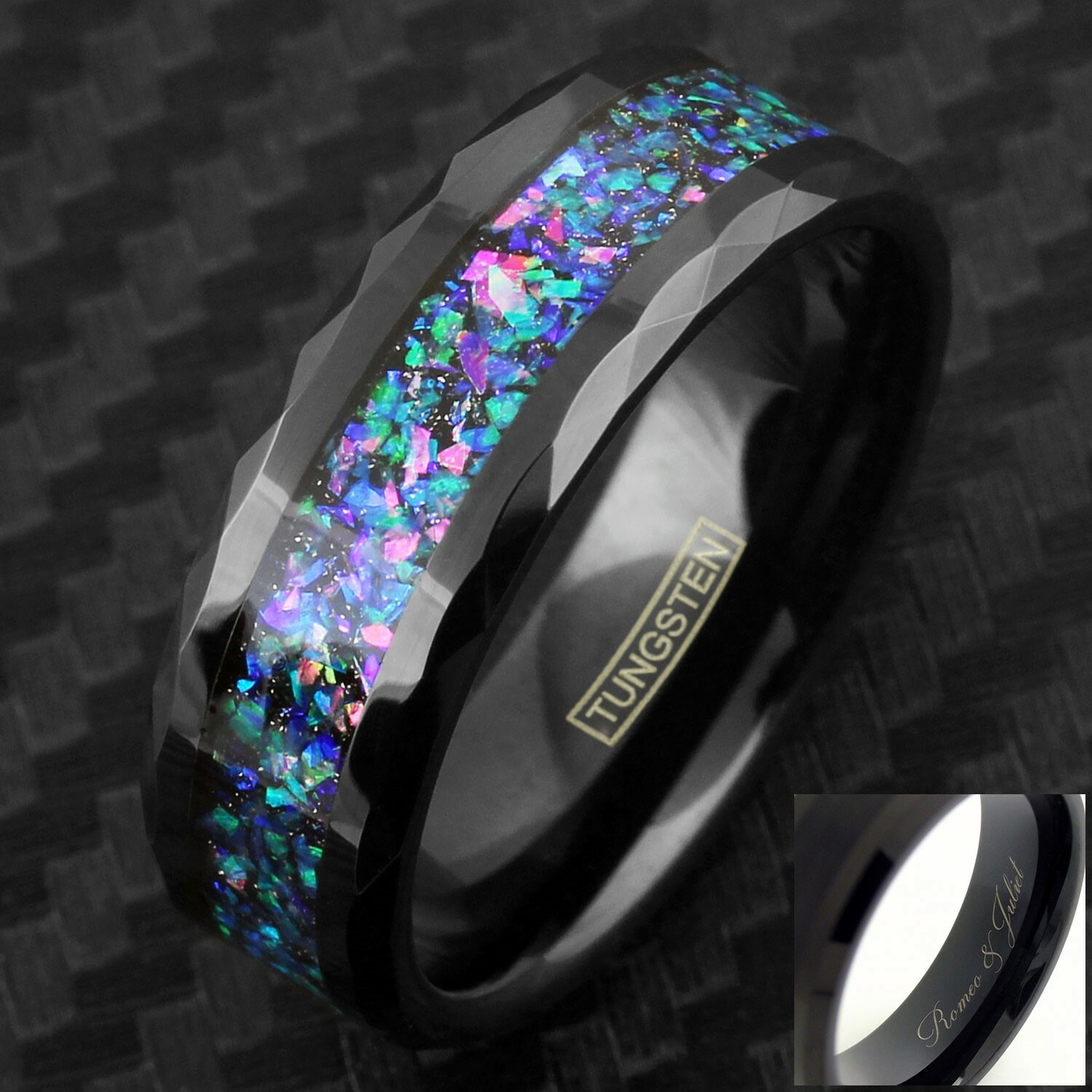 Engraved 8mm Tungsten Crushed Opal w/ Multi-Faceted Beveled Edge Men’s Ring