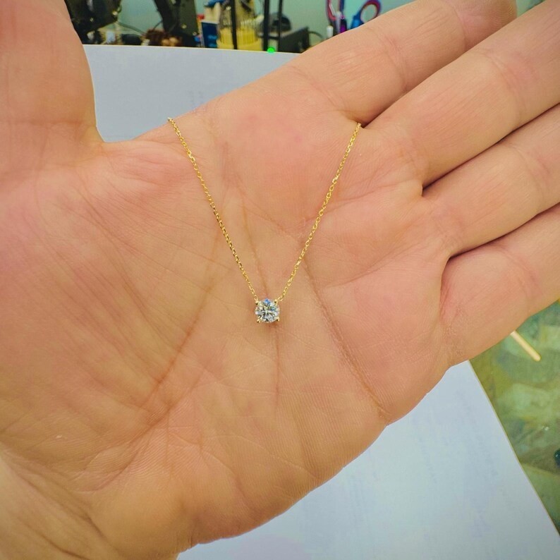 Natural 0.70CT Round Diamond Necklace Dainty Solitaire Pendant 14k Yellow Gold