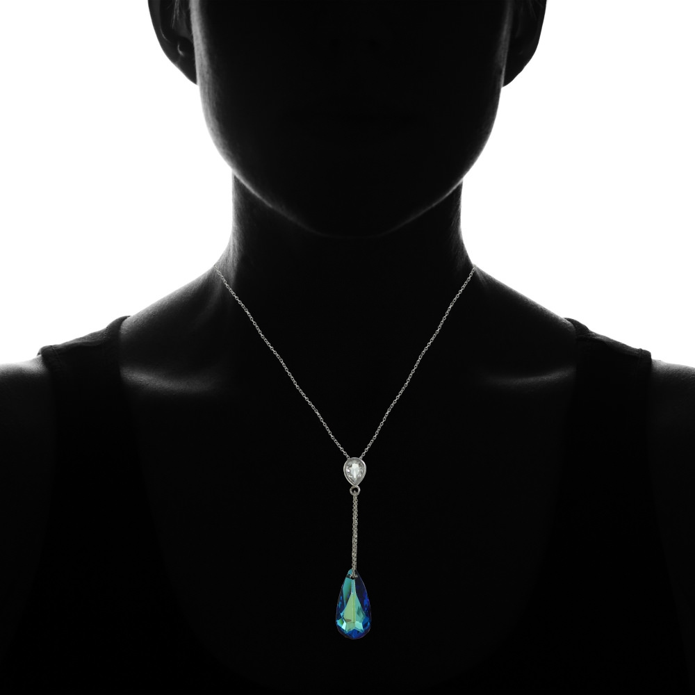 925 Silver Bermuda Blue Pear Shape Drop Necklace Adorned w/ European Crystals