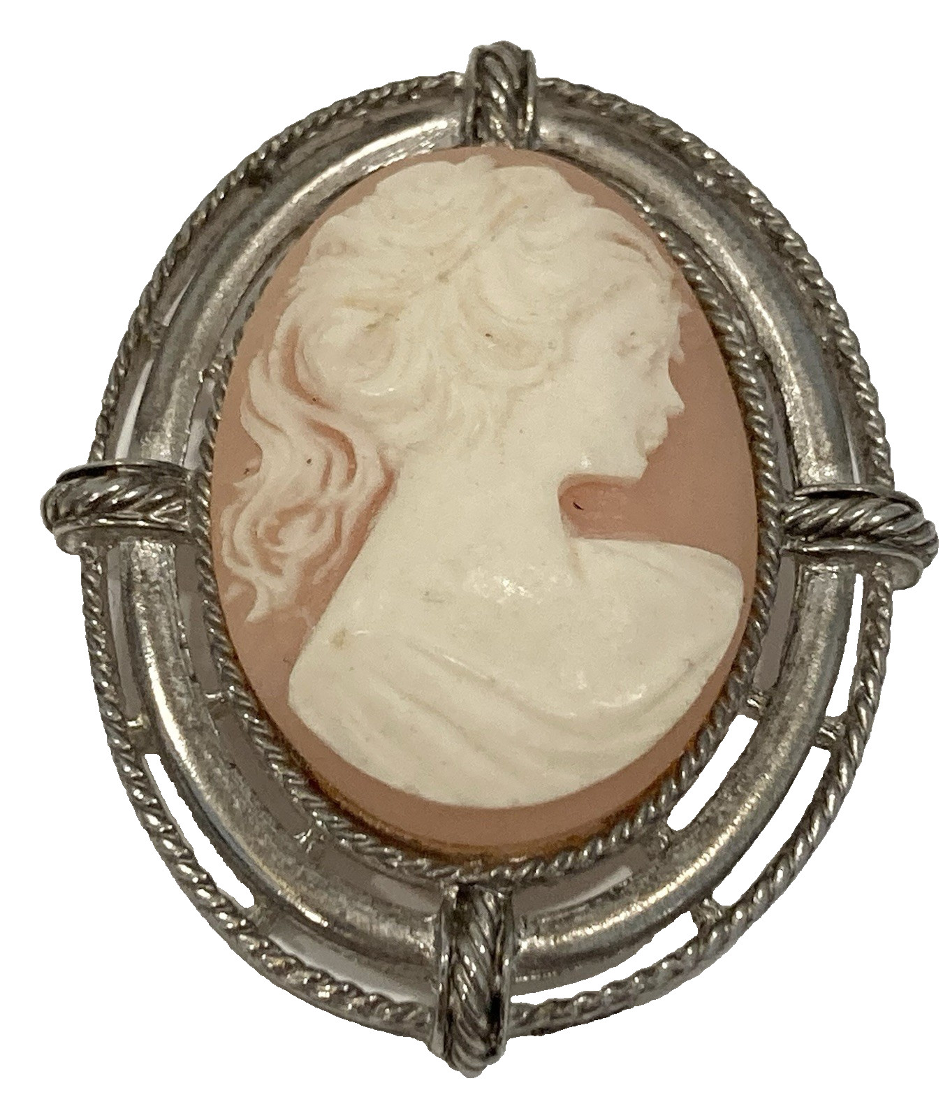 Erwin Pearl signed PEP silvertone pin / brooch woman cameo on red resin base