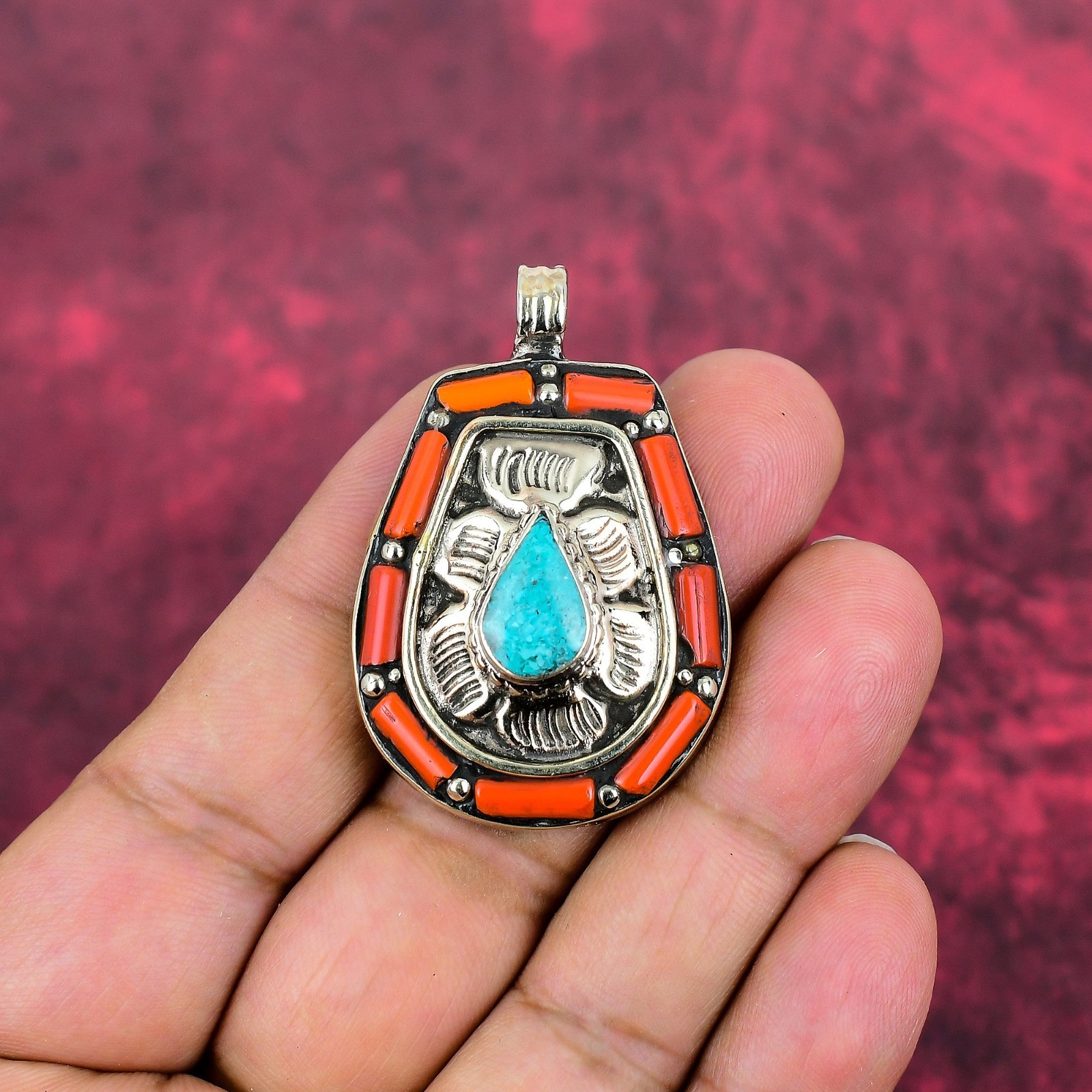 Coral ,Turquoise Gemstone Handmade 925 Sterling Silver Bohemian Jewelry Pendant