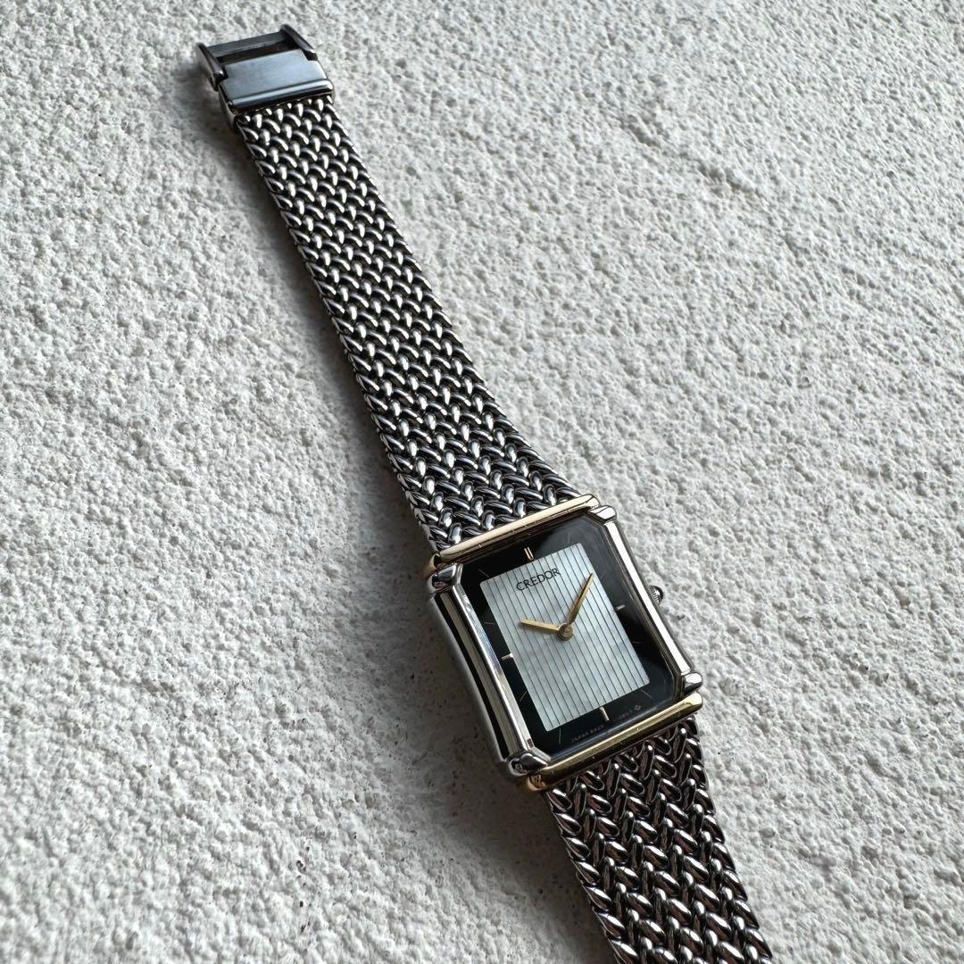 SEIKO Credor 8420-6690 Rectangular Shell Dial Silver 18K SS Used Authentic
