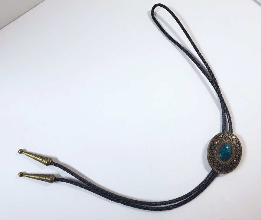WESTERN BOLO TIE Oval Gold & Multi-Color Black Leather Cord Gold Tips