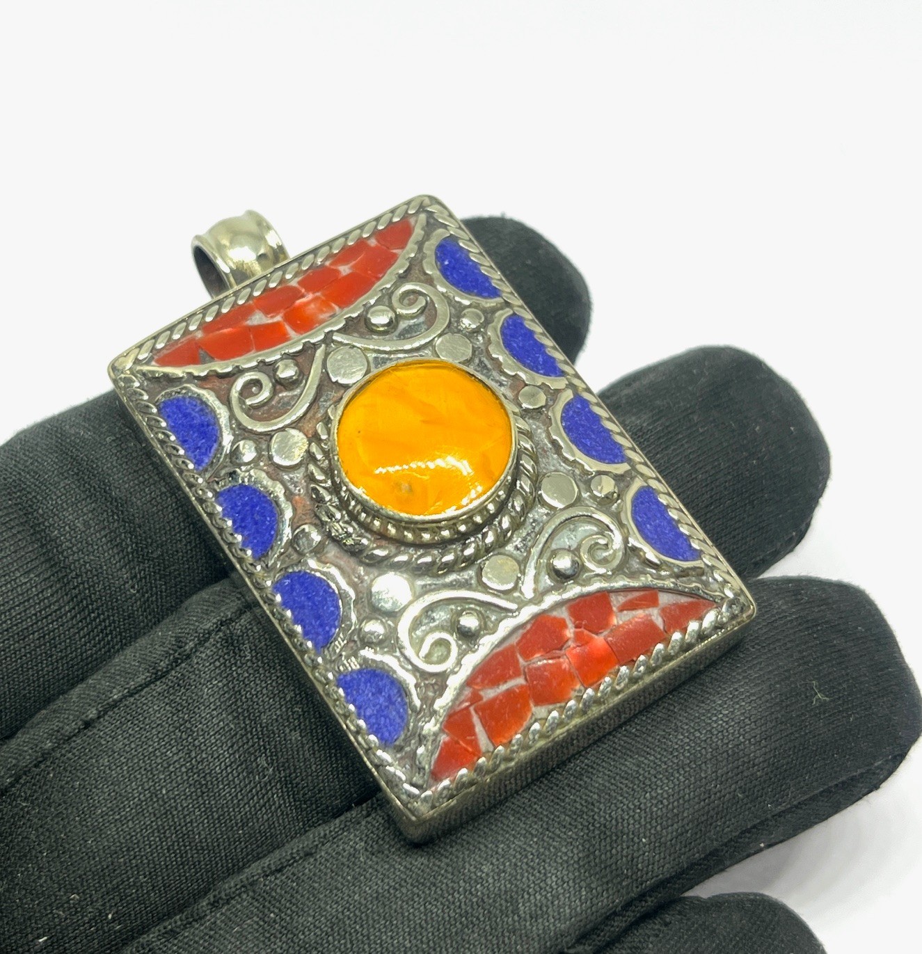 Ethnic Lapis Amber Gemstone Tibetan Traditional Pendant Jewelry, 2.0 inch