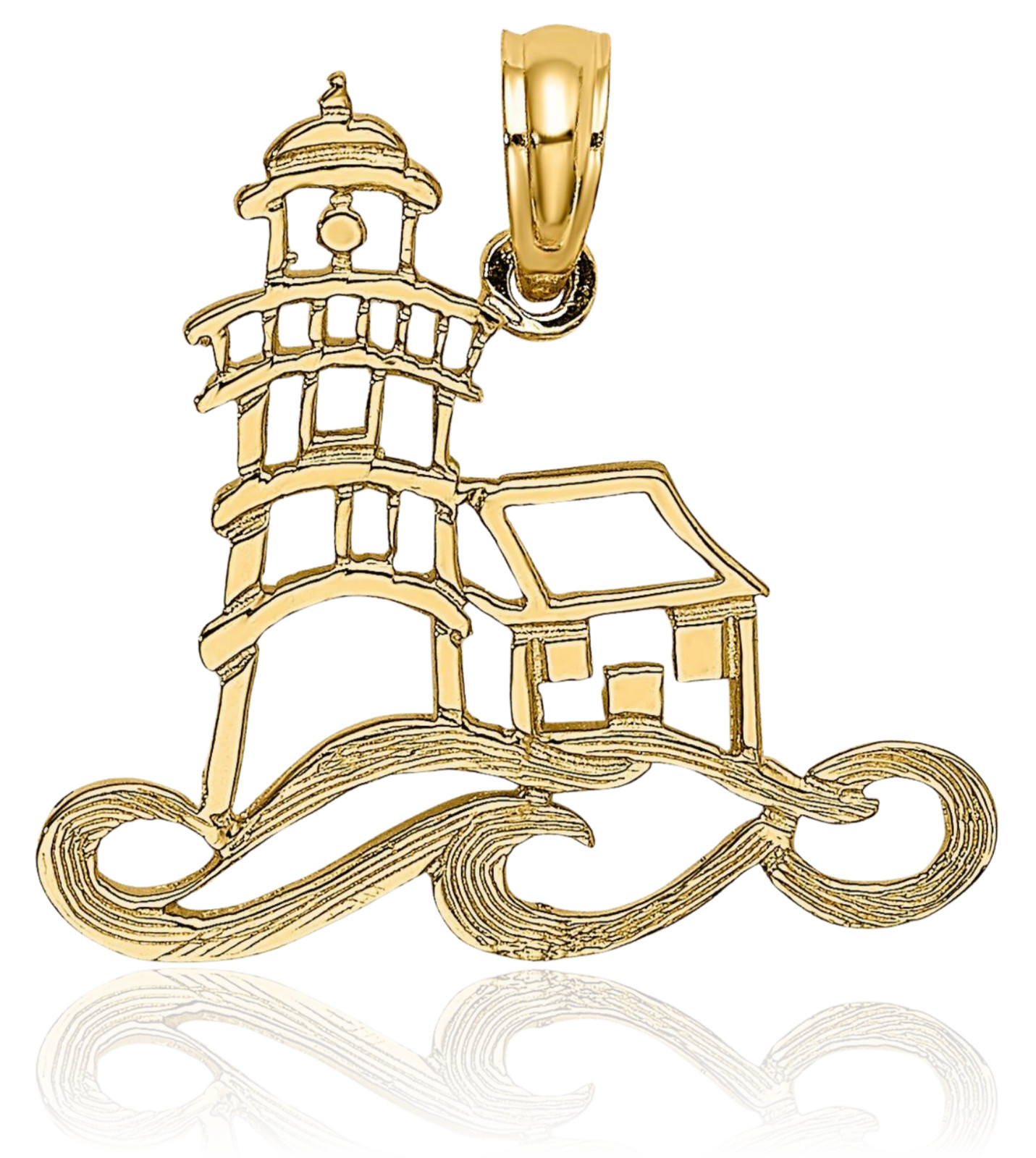 14K Solid Yellow Gold Medium Lighthouse Water Pendant Necklace 24.7mm 1 inch