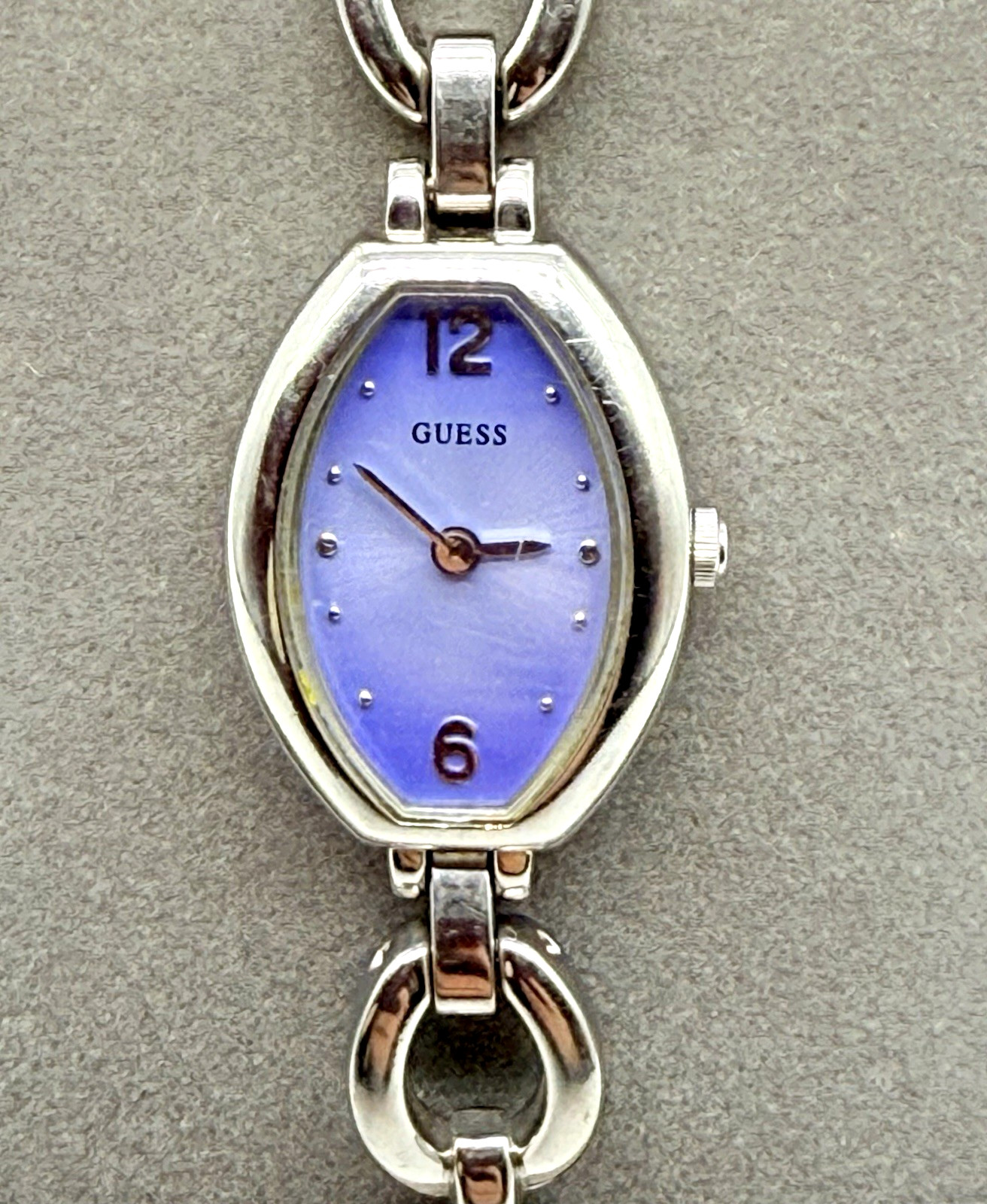 GUESS Ladies Watch Blue Dial New Battery Tonneau Shape Silver Tone Link Bracelet