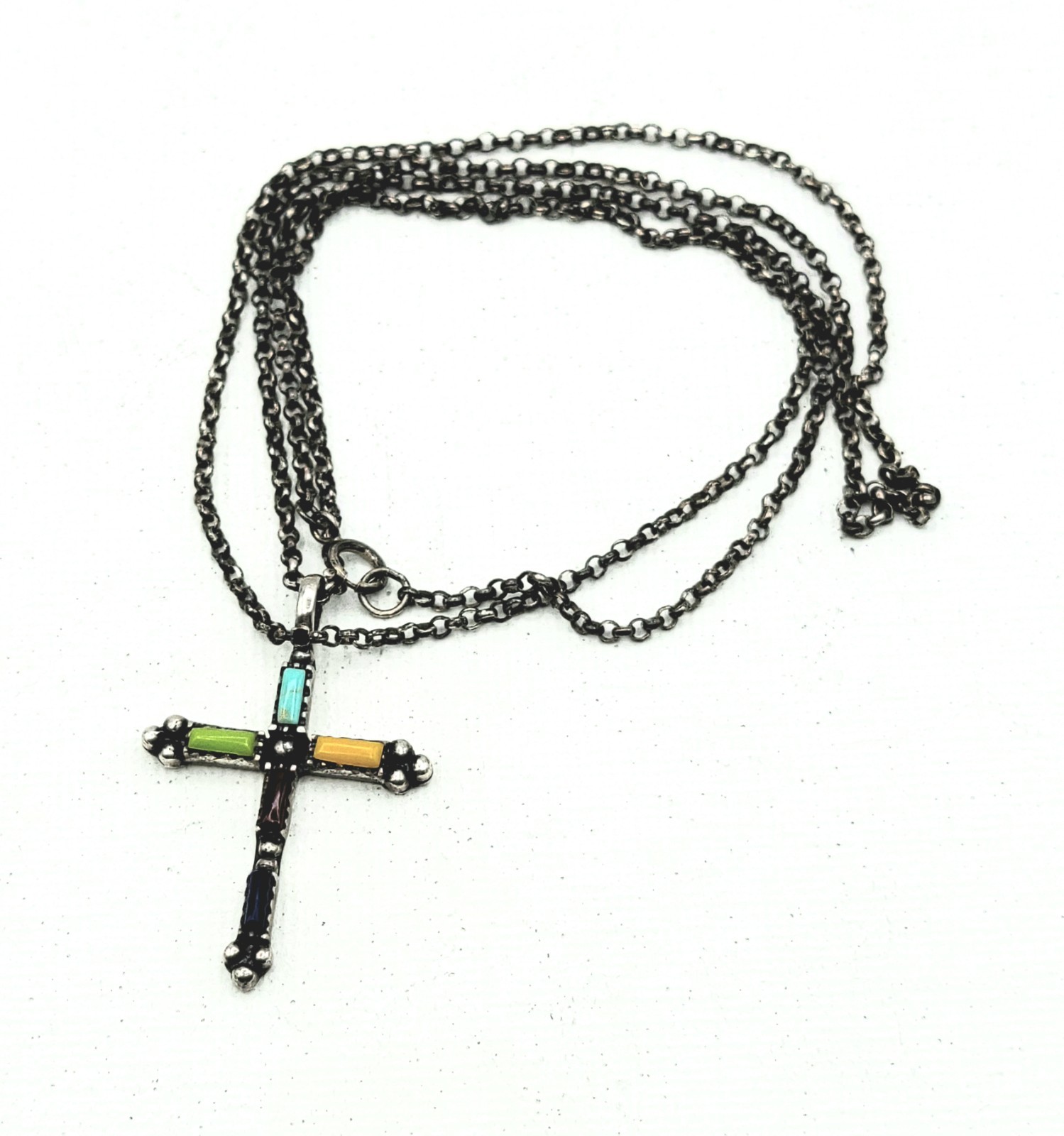 Sterling Silver Cross Pendant Multi-colored Stone Inlays On 20″ Long Chain