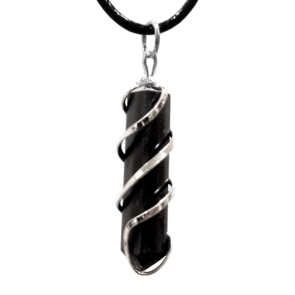 Black Tourmaline Spiral Wire Wrap Pendant Point Chakra Crystal Silver Necklace