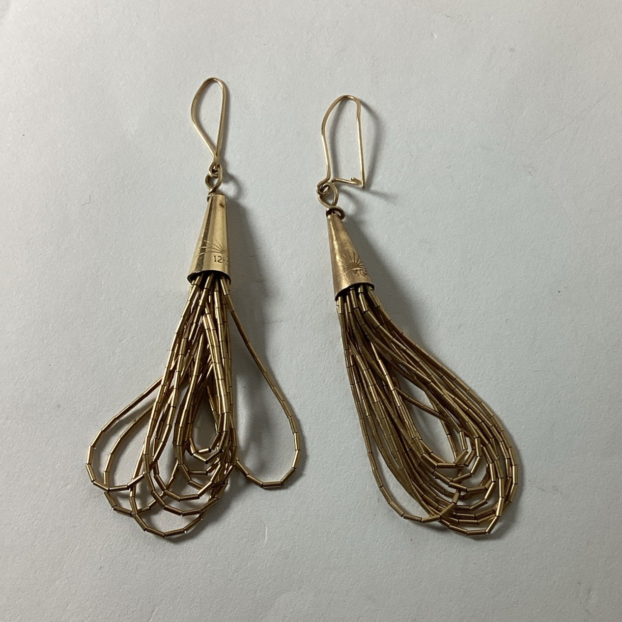 Native American Earrings 12k GF Liquid Gold Tube Beads 10 Strands Stamped Hook