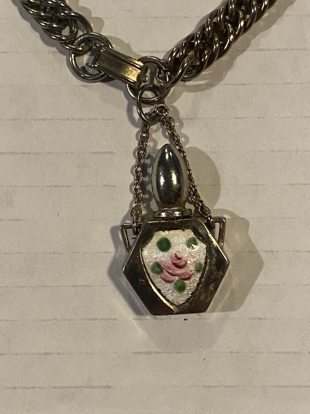 Vintage Perfume Flask Charm Bracelet With Enamel Rose Gold Tone ~1950’s
