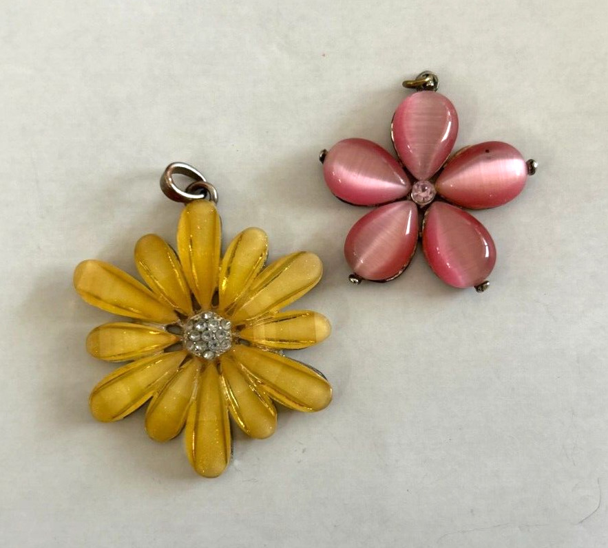 (2) Vintage Metal Acrylic & Rhinestone Flower Pendants Yellow Pink Flowers