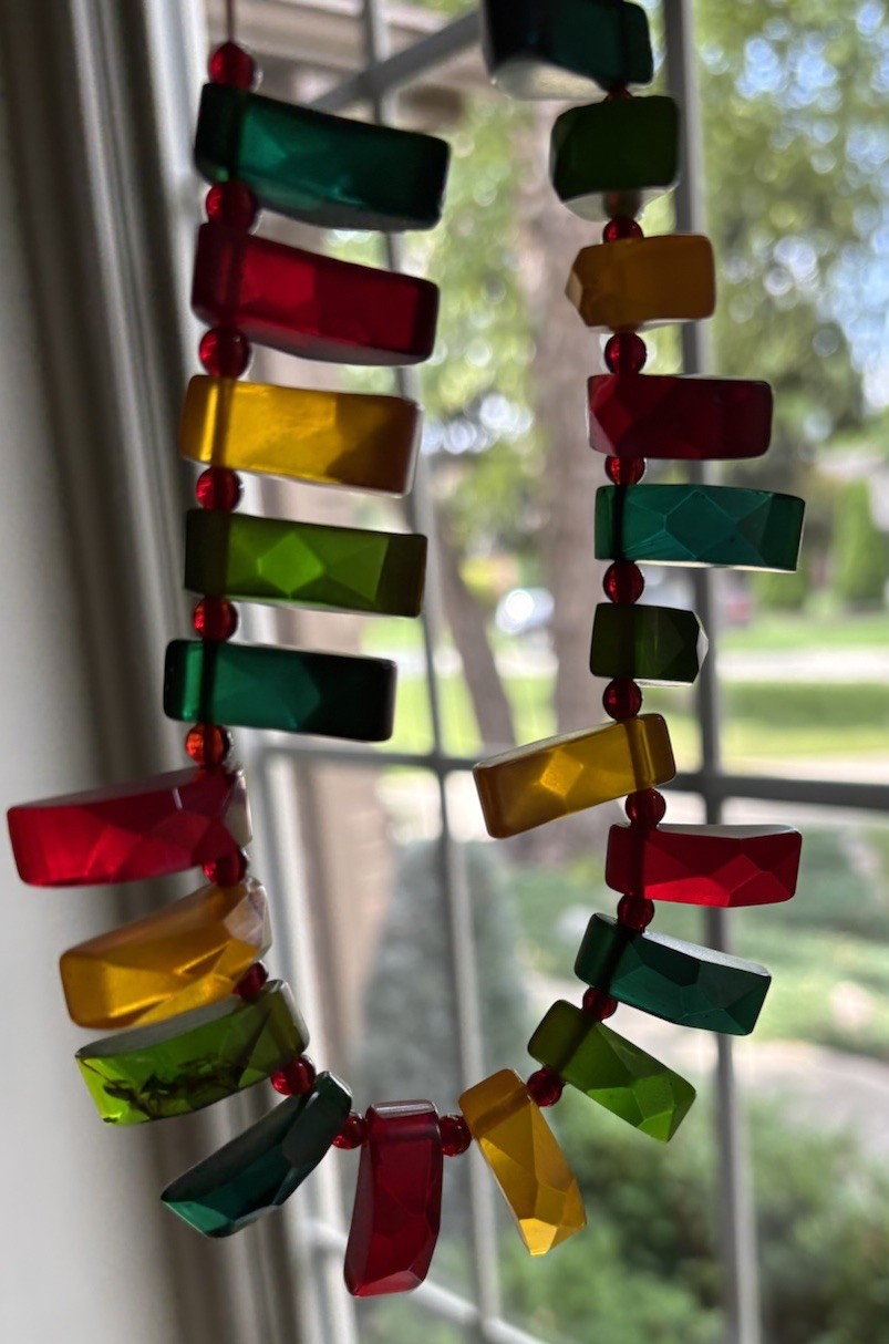 Vintage Tested Bakelite Faceted Geometric Necklace Red Green Amber 16” Lucite Sp