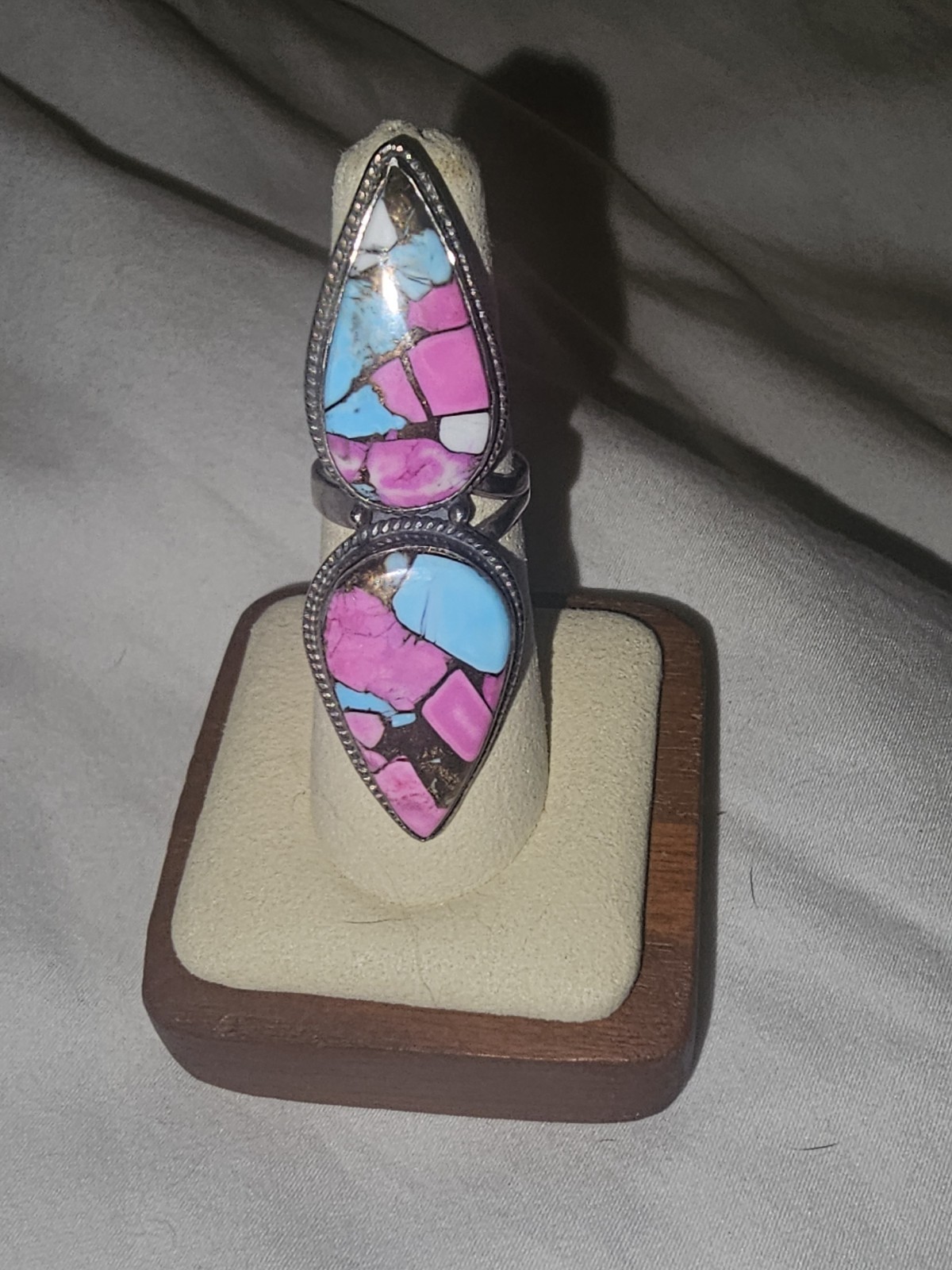 Sterling Silver Cotton Candy Turquoise Double Stone Statement Ring Sz 6