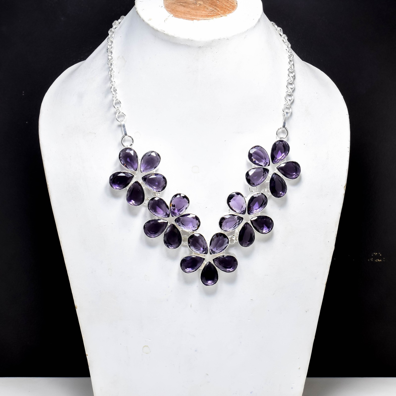 925 Sterling Silver Purple Amethyst Gemstone Handmade Jewelry Necklace Size-18