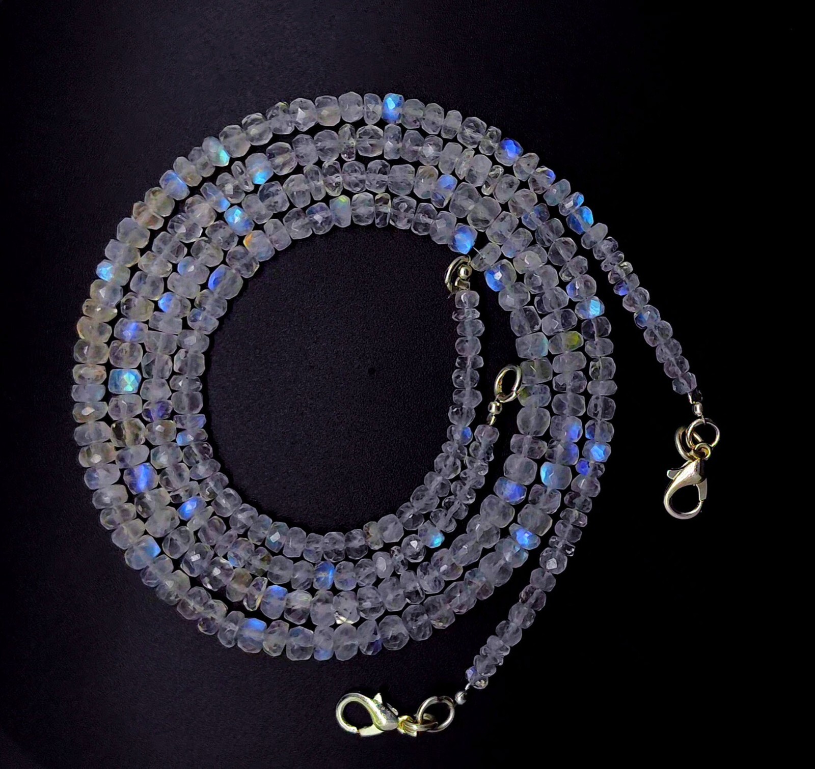 Natural Gem Blue Fire Rainbow Moonstone 4-5mm Faceted Rondelle Bead Necklace 16″