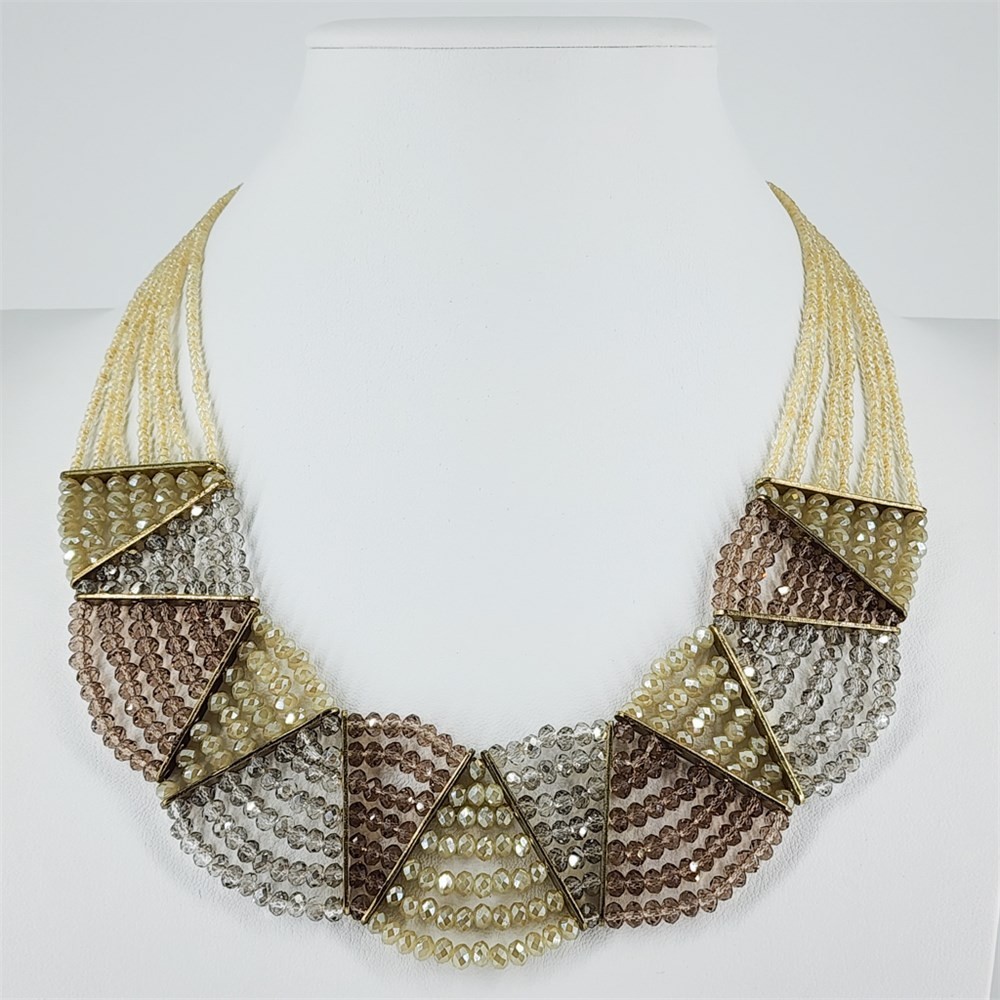 Vintage Multi-Strand Crystal Bib Necklace Gold Bronze Geometric Statement