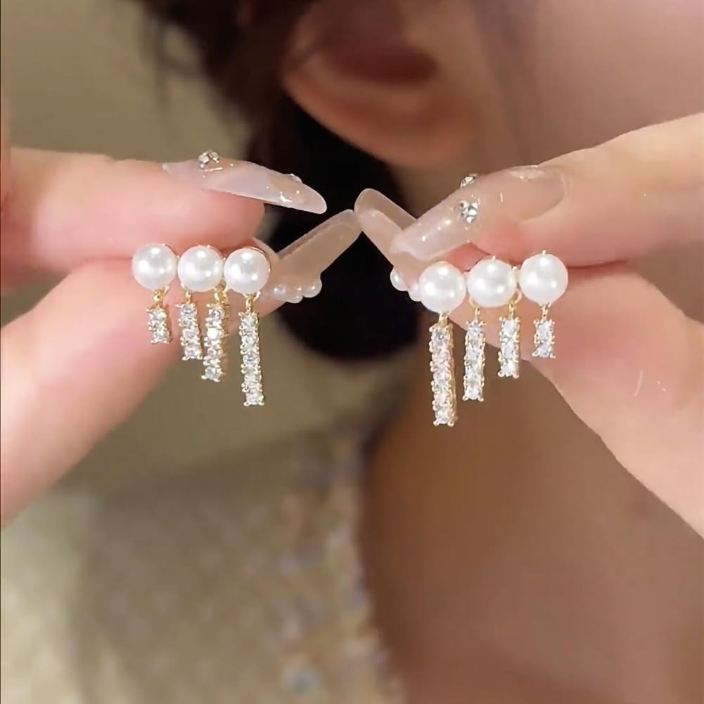 Pearl Crystal Tassel Earrings for Women Trendy Round Pearl Stud Earring Gli – 01