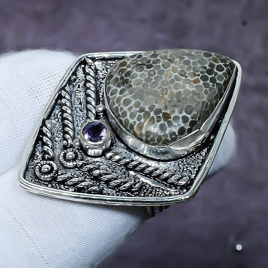 Stingrey Coral, Amethyst Gemstone 925 Sterling Silver Jewelry Ring Size 7