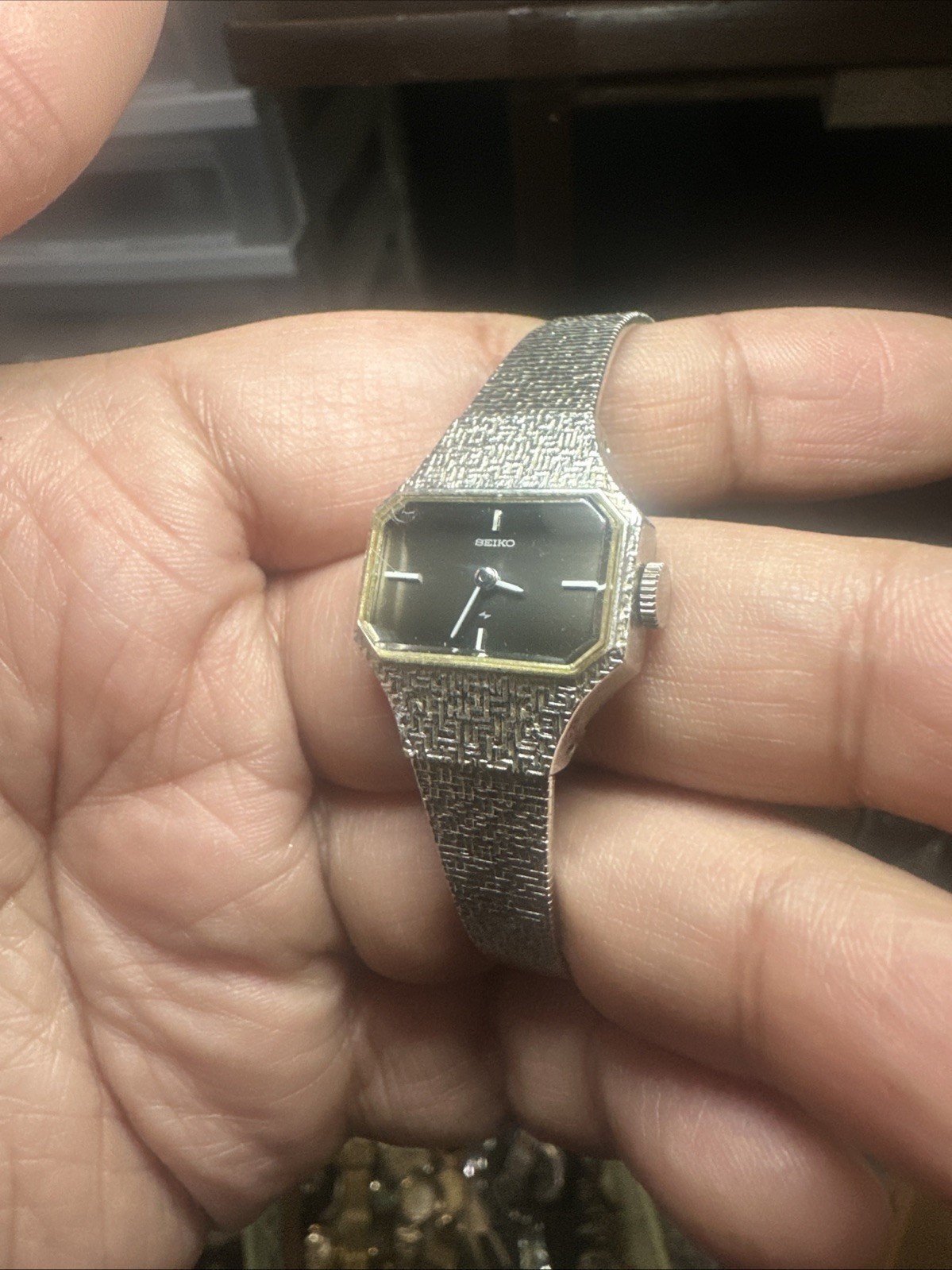 Working 1970s VTG Seiko Manual Wind Ladies Watch Silver/Black 21mm Fit 6in” Rare