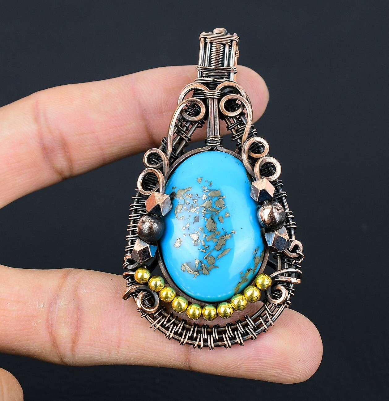 Irani Turquoise Handmade Gemstones Copper Wire Wrapped Jewelry Pendant