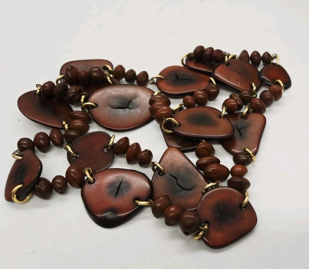 Chunky Tagua Nut Necklace Tan Organic Statement Tribal Boho Vintage 34 in