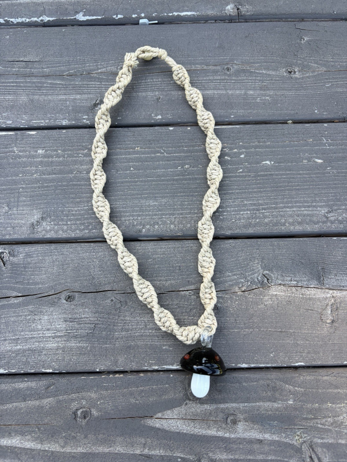 Hemp Macrame Art Necklace Choker 16 or 18 Inches Unisex Glass Mushroom