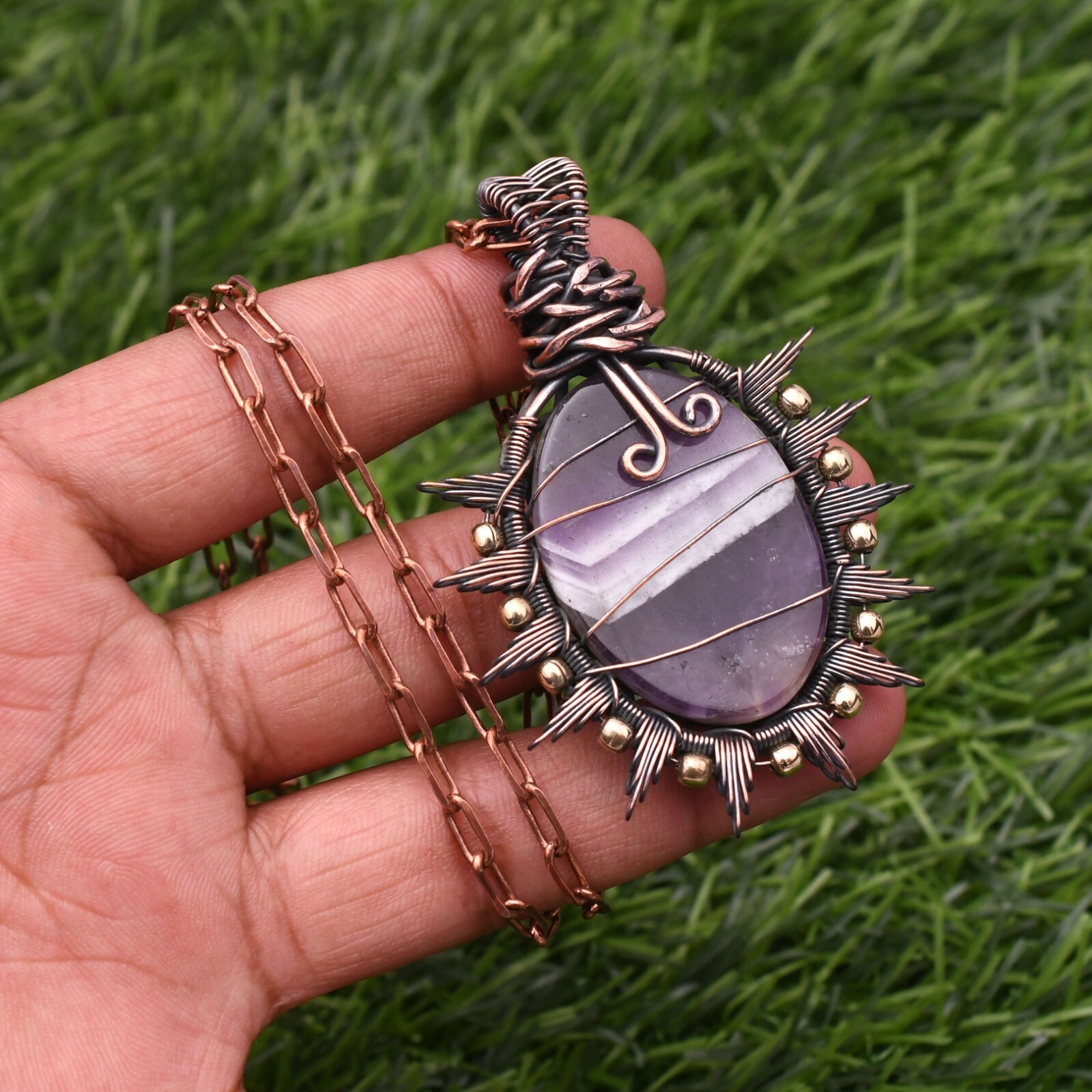 Amethyst Lace Gemstone Copper Wire Wrap Handmade Jewelry Pendant 2.28″