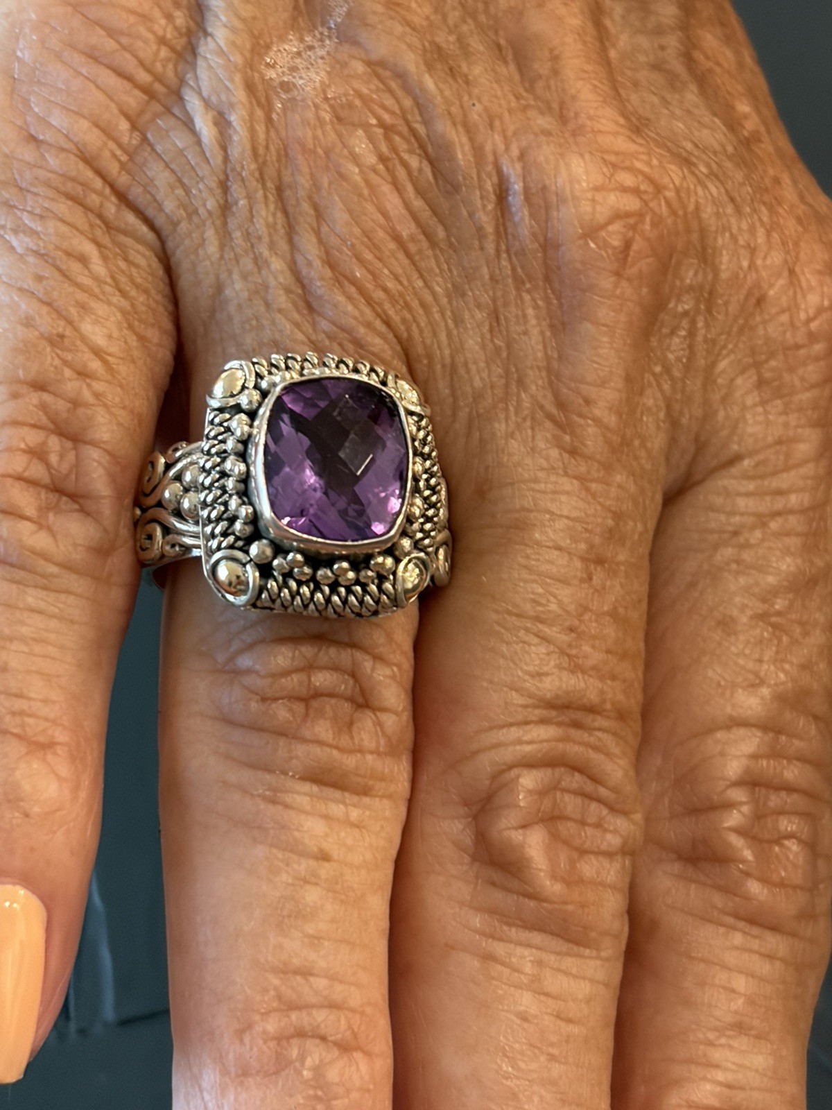 VINTAGE ARTISAN 18K & STERLING BA SUARTI AMETHYST RING SZ 7 18 X 16 MM