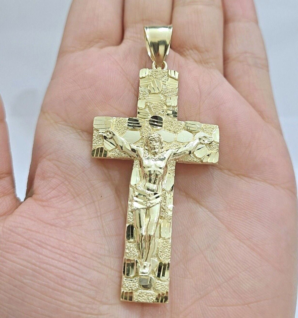 10k Yellow Gold Nugget Jesus Cross Charm Pendant 2” inches Real 10kt SALE Chain