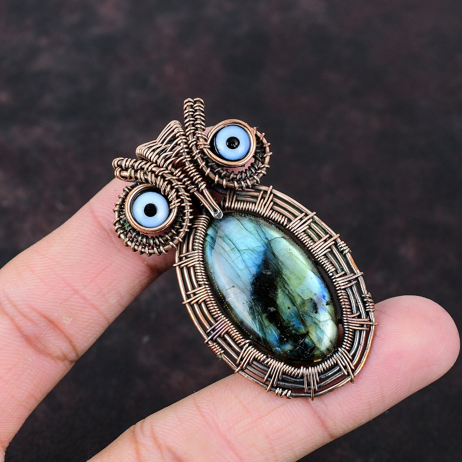 Labradorite Wire Wrapped Owl Pendant Handcrafted Copper Valentine Gift 2.24″