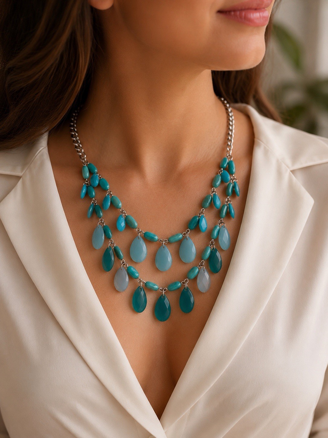 90s turquoise Teal Layered Statement Bib Necklace Silver Tone Boho 26.9′
