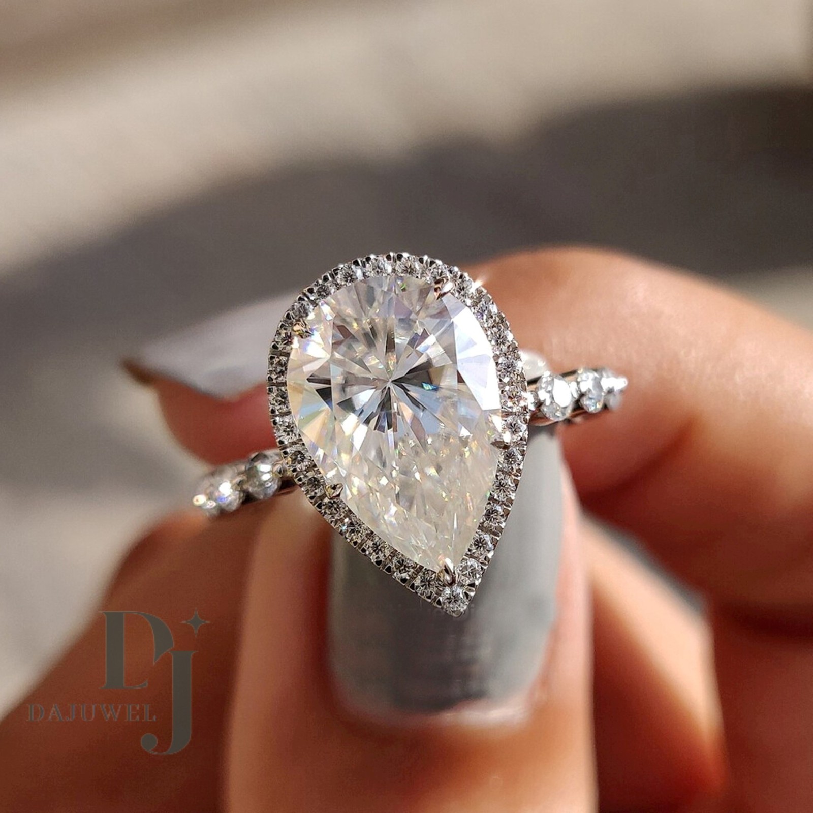 2.80 CT Excellent Pear Cut Moissanite Halo Engagement Ring Solid 14K White Gold