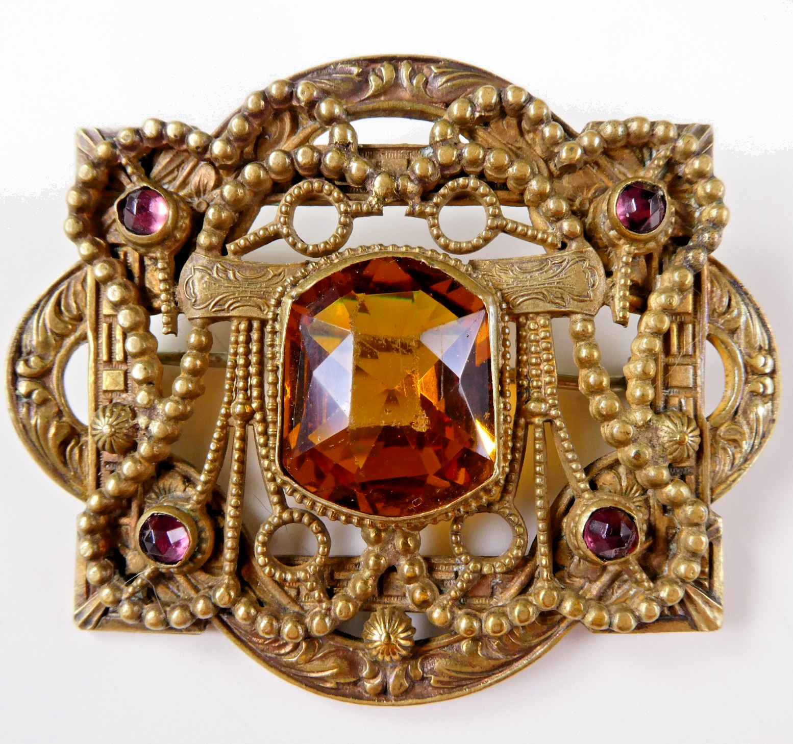Vintage Czech Glass Filigree Brass Pin Brooch Faceted Orange Topaz Etruscan Rev