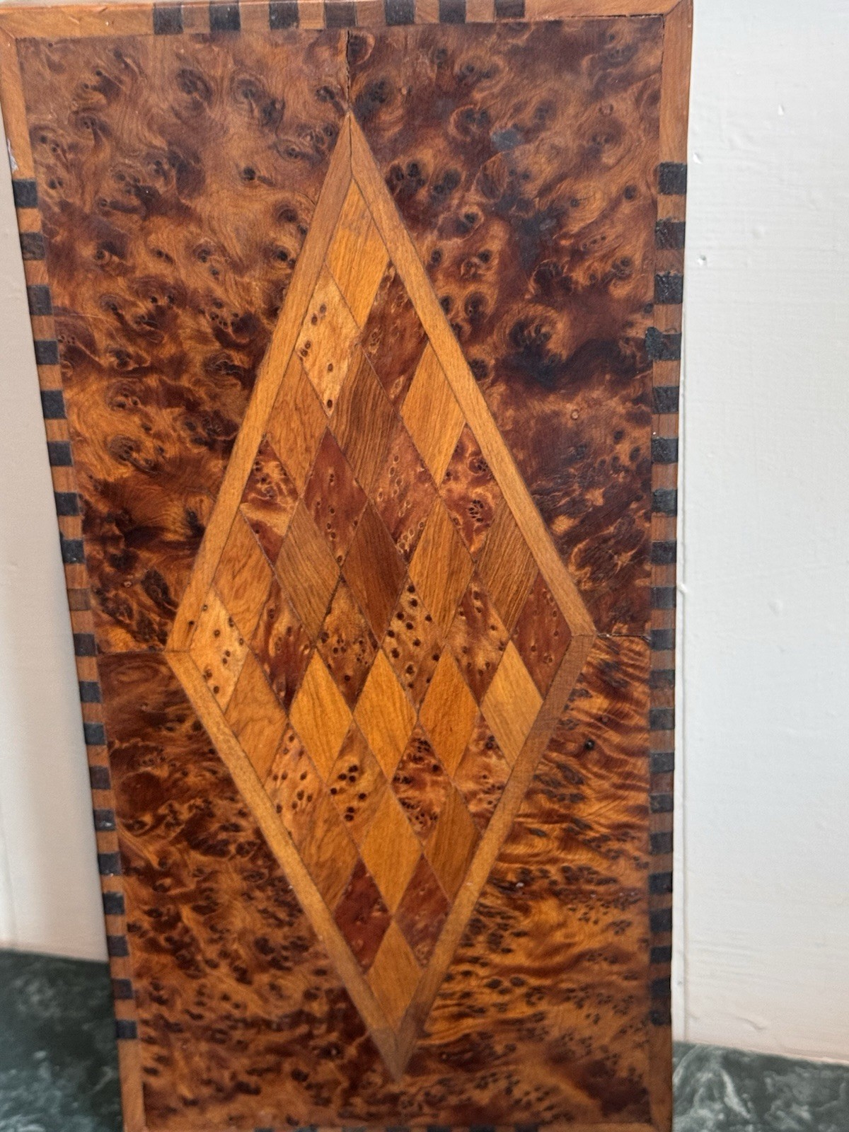 Burl Wood Marquetry Box Valet Jewelry Box MCM Hand Crafted Lined 11 x 5.5 in