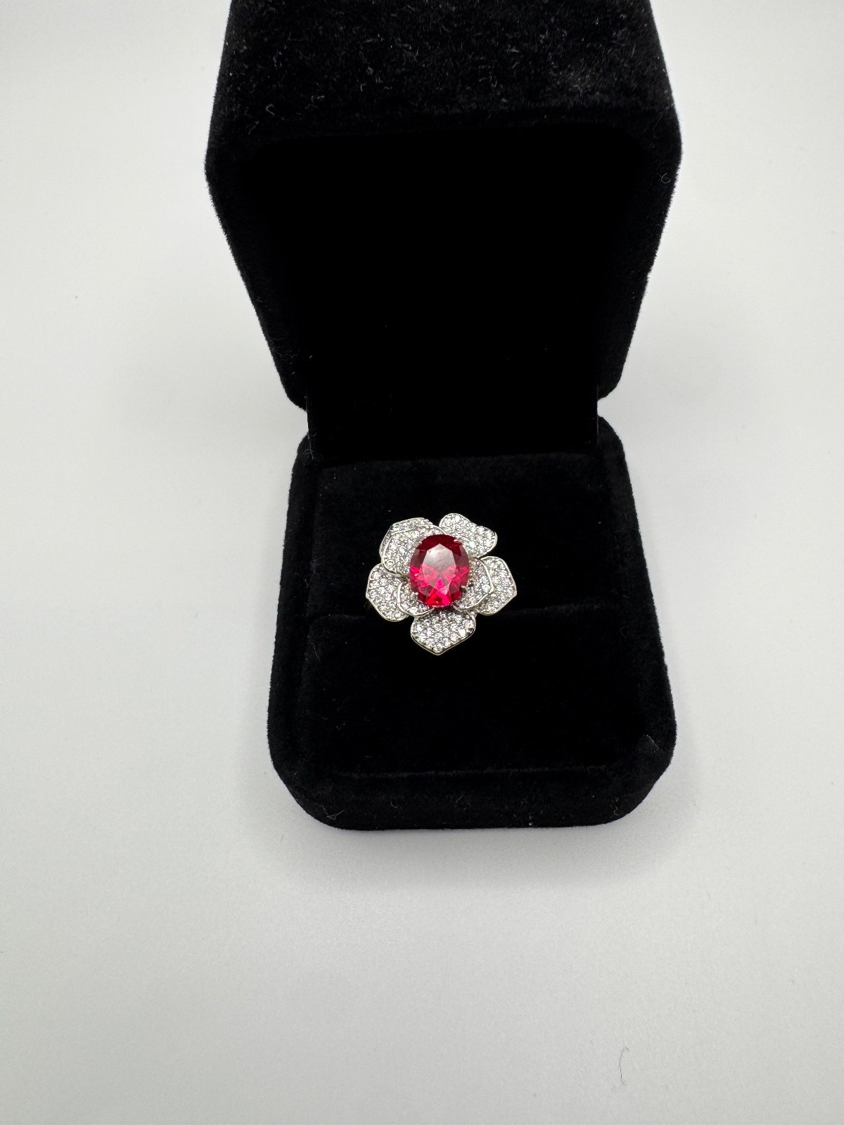 Platinum Plated Adjustable 2 ct Moissanite Pink Flower Ring Vintage Inspired