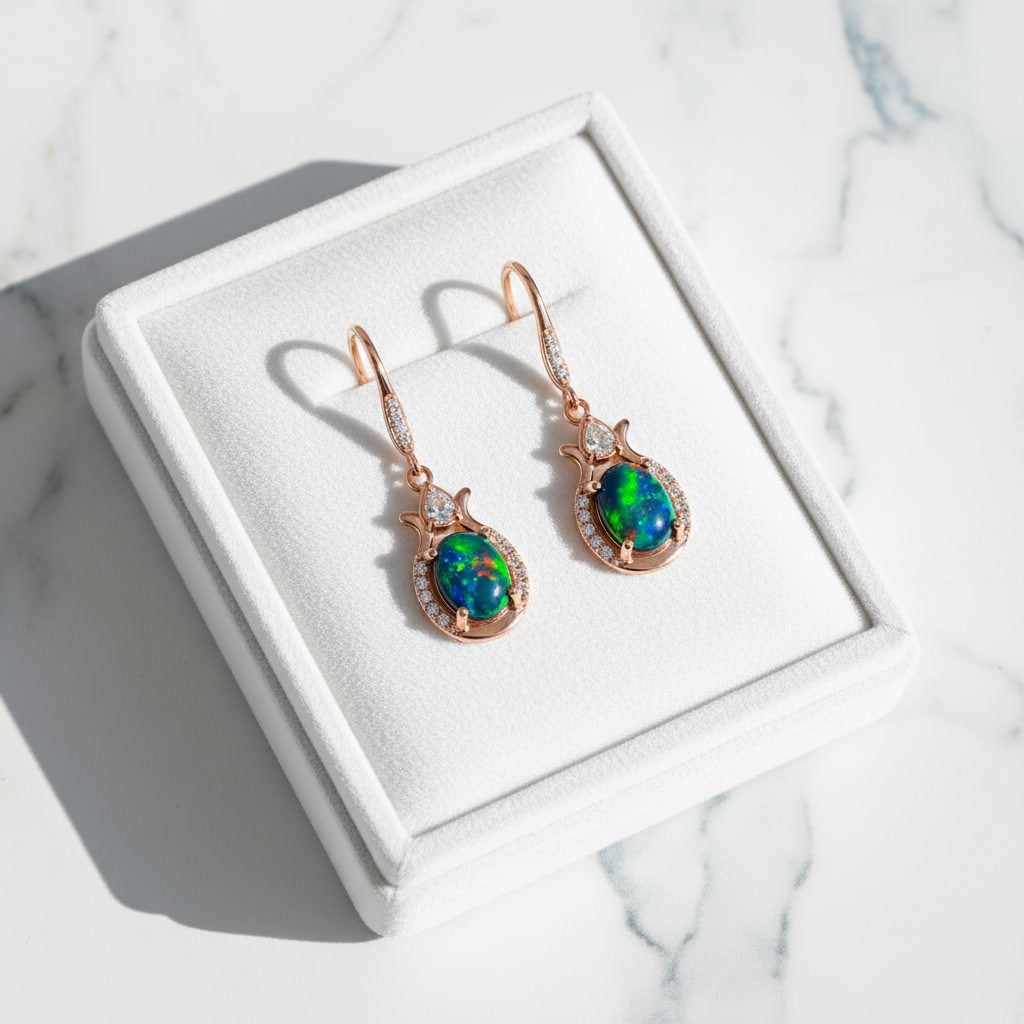 Black Fire Opal Dangle Earrings 6x8mm, 925 Sterling Silver Black Opal Earrings
