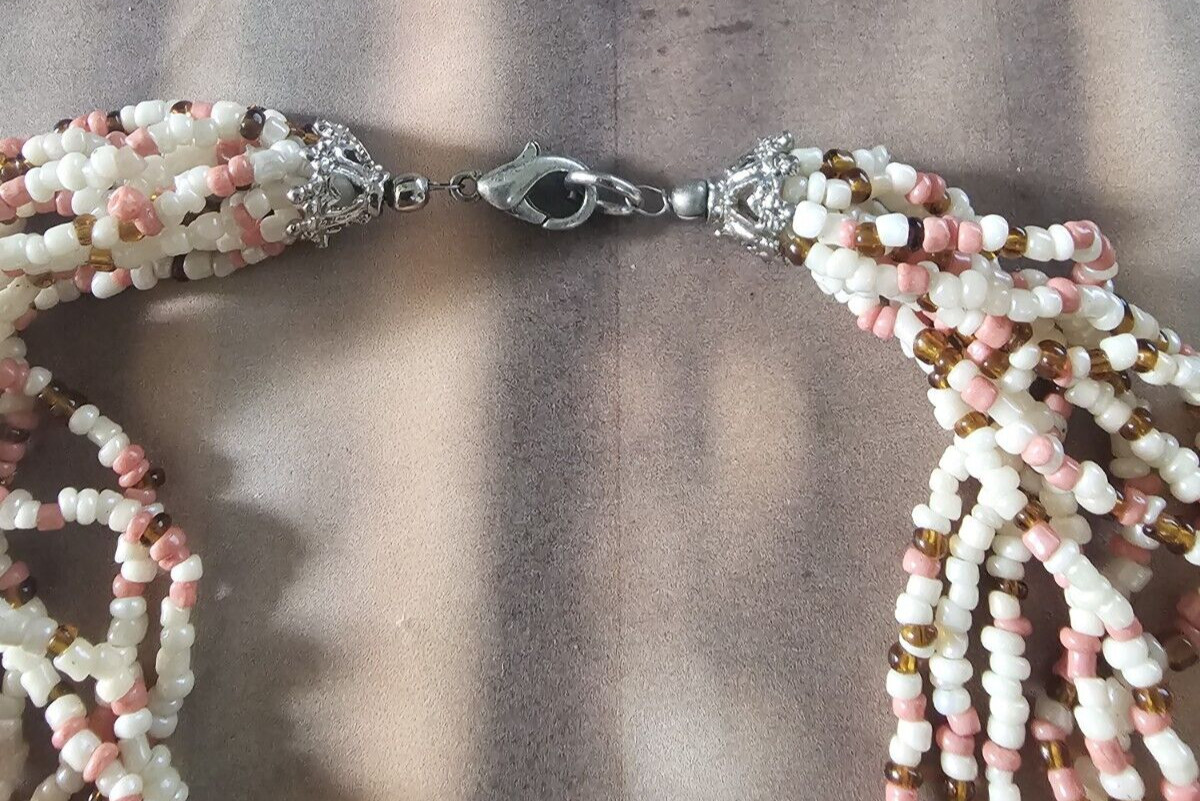 Excellent 10 Strand Twisted Beaded Necklace Peach Coral Ivory Brown Handmade 26″