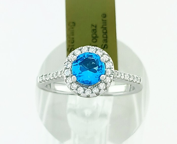 LAB CREATED 1.08 Cts BLUE TOPAZ & WHITE SAPPHIRE RING 925 STERLING SILVER