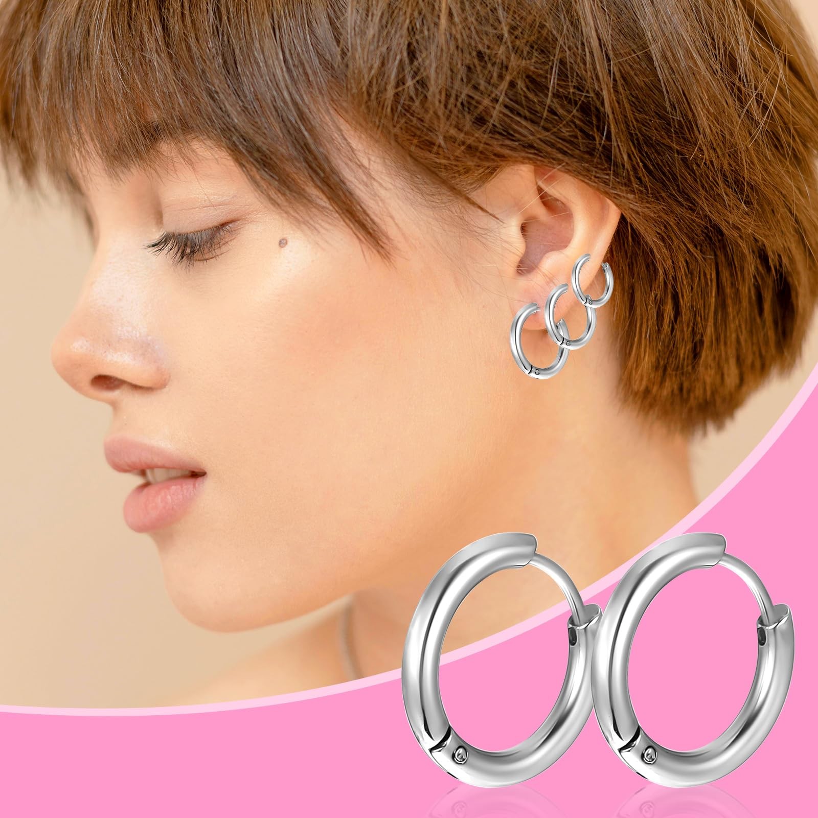 5 Pairs Solid Titanium Hoop Earrings 8mm, 10mm, 12mm, 14mm, 16mm, silver