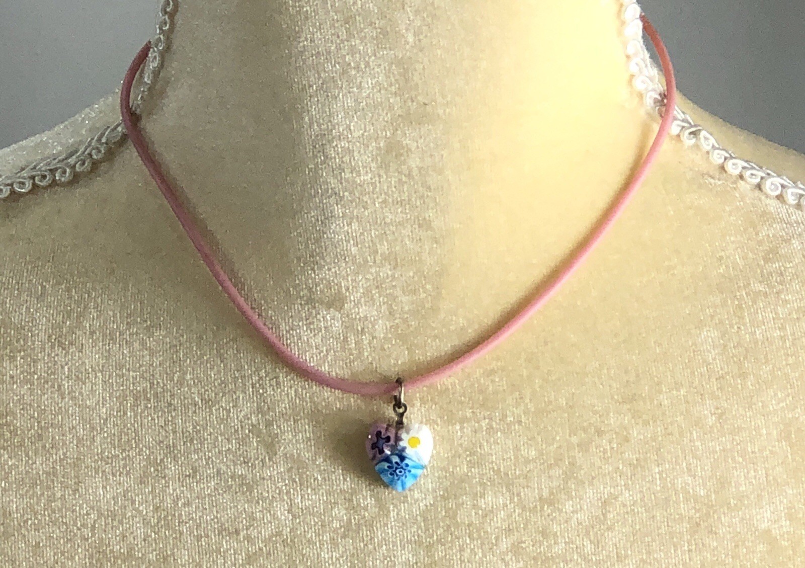 Millefiori Glass Pendant Necklace Heart w Sterling Silver Clasp – 15 inch Length