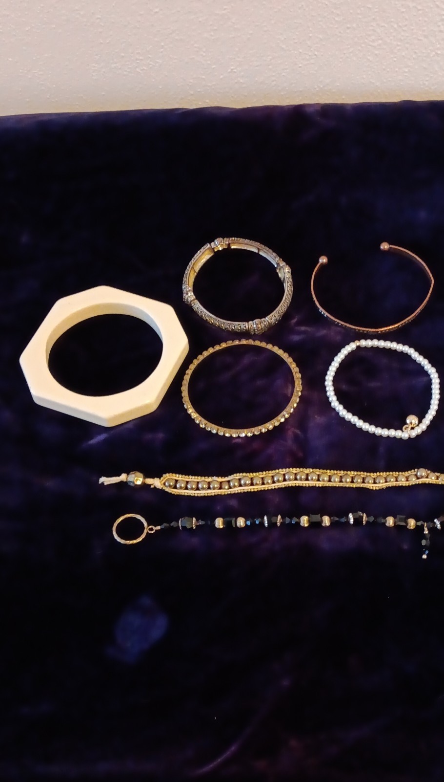 Gold White Brown Bangle Beaded Chain Bracelets Lot 7 Metal Plastic Rhinestone