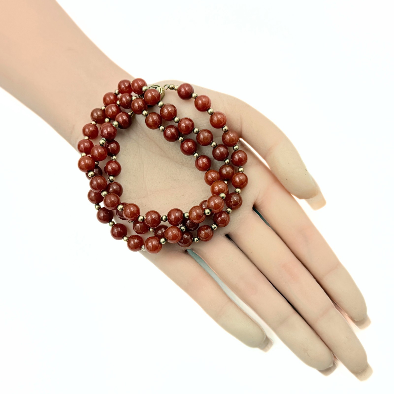 Vintage Chinese Export Marked Sterling Silver Vermeil Dark Orange Jadeite Beaded
