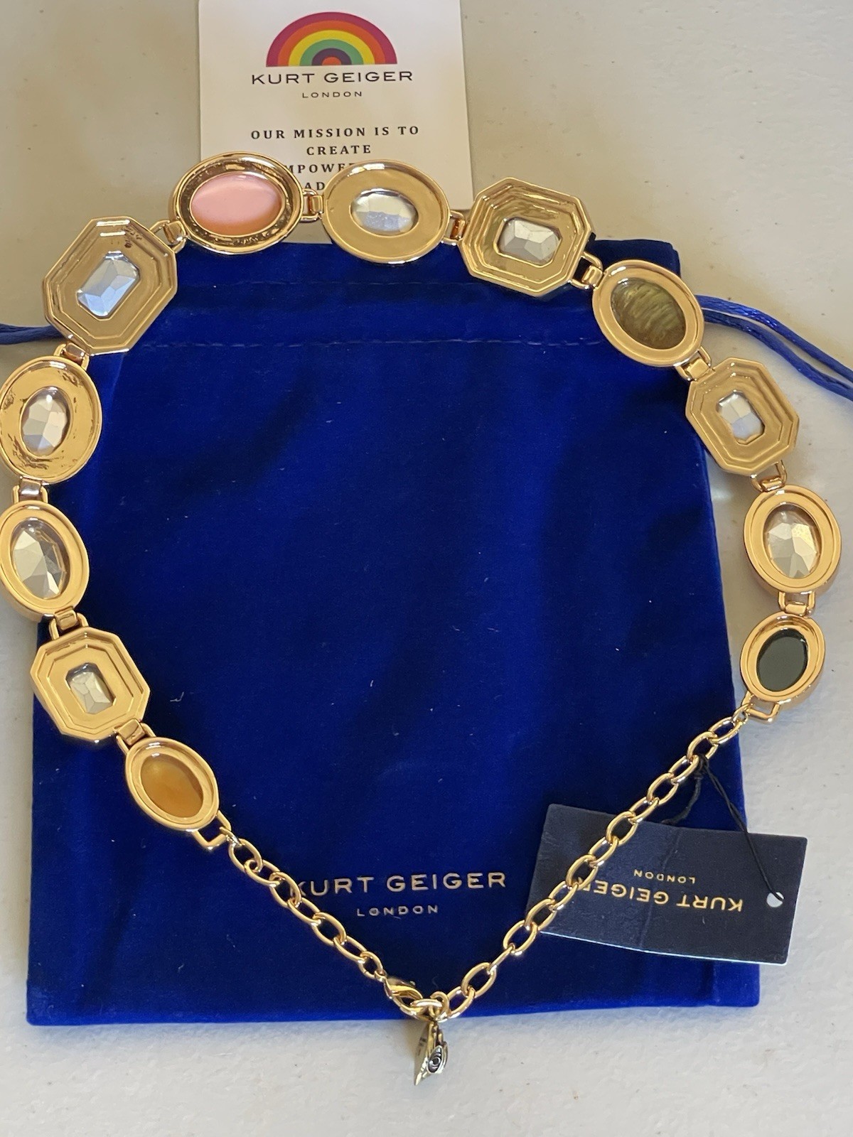 KURT GEIGER SIGNATURE GOLD TONE STONE GEM COLLAR NECKLACE MULTI 18”+ 2”