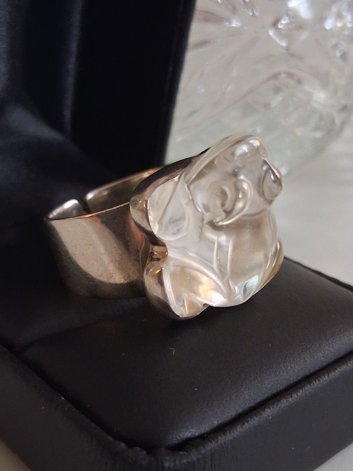 Hand Carved Rock Crystal Quartz Frog Statement Ring Size 10 Sterling Silver NIB