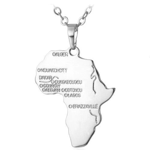 Africa Map Pendant Necklace with Engraved Capital Cities Stainless Steel Jewelry