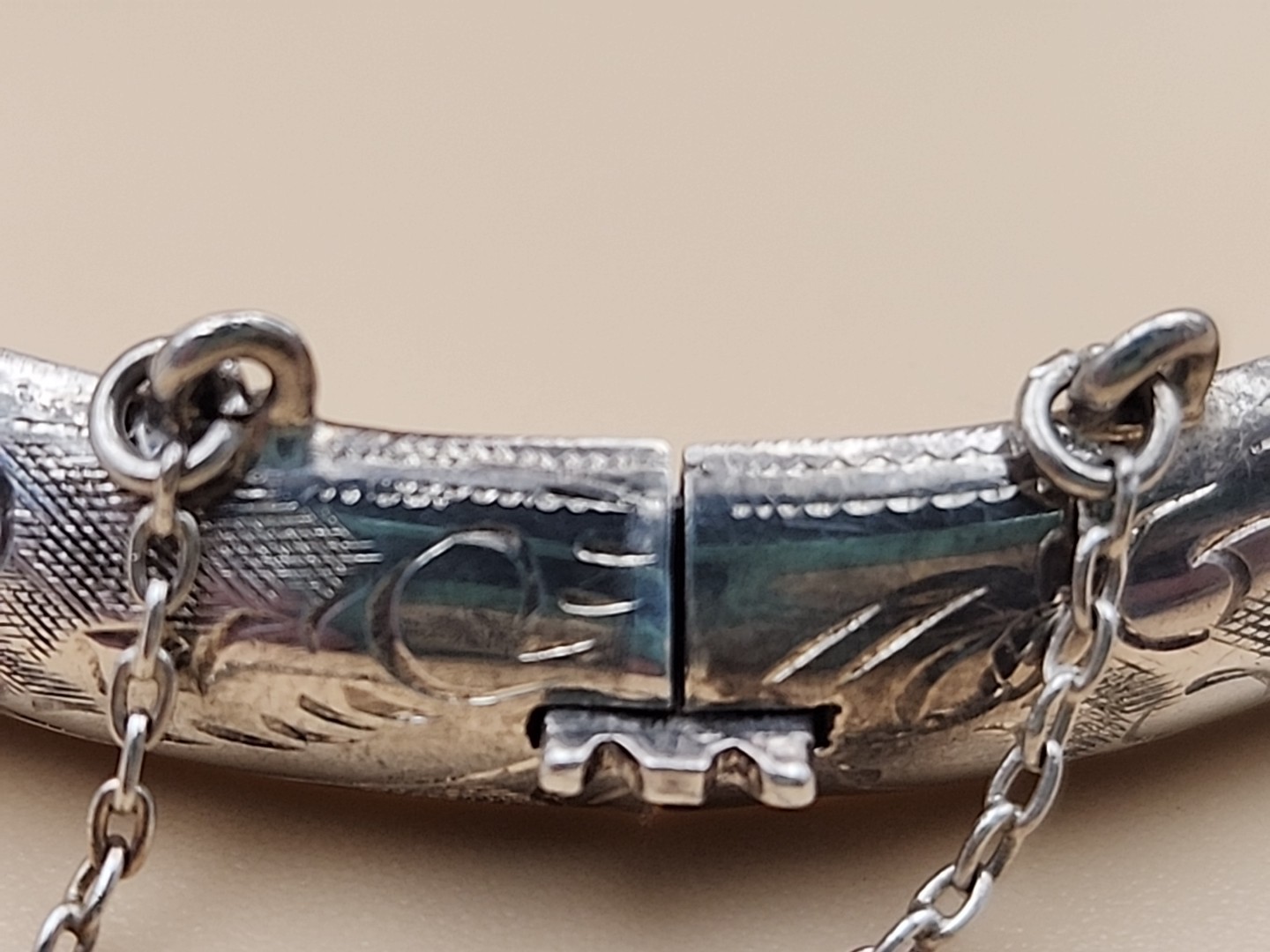Sterling Silver Vintage Hand Engraved/Hinged Cuff Bracelet With Safety Chain