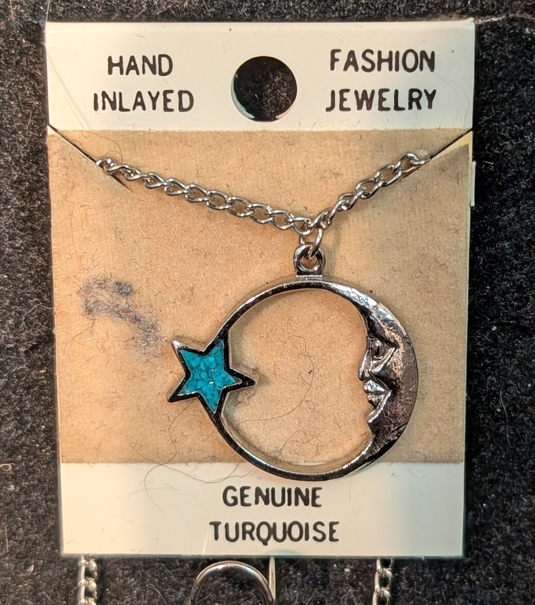 Vintage Nickle Silver Necklace Large Star & Moon Turq. Resin Filled Size 1″